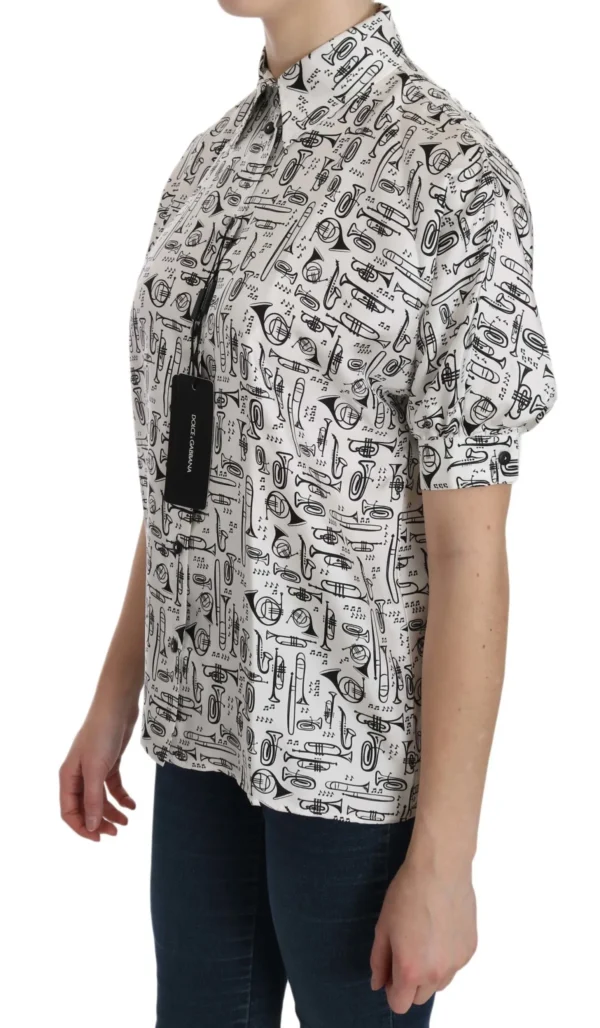 Dolce & Gabbana Women's Musical Instrument Print Silk Collared Top
