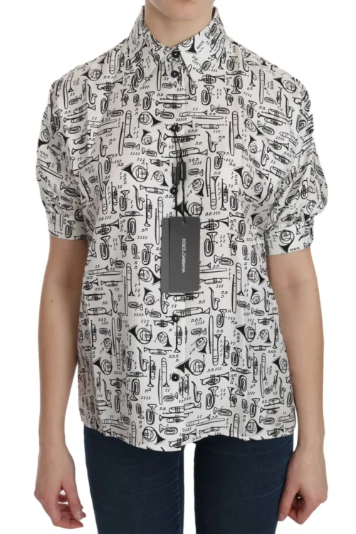 Dolce & Gabbana Women's Musical Instrument Print Silk Collared Top