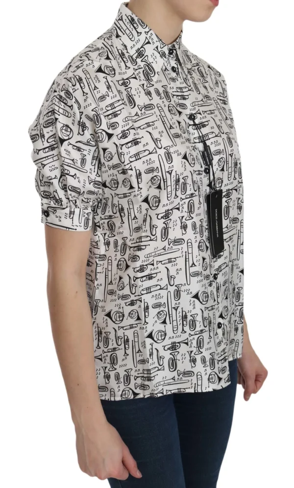 Dolce & Gabbana Women's Musical Instrument Print Silk Collared Top