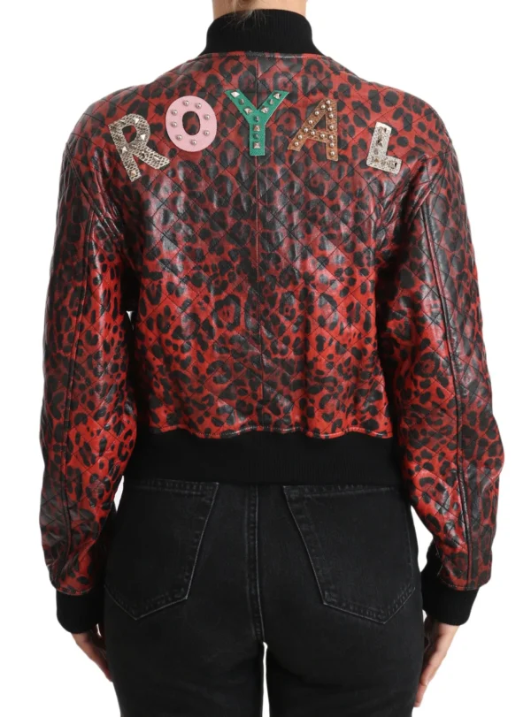 Dolce & Gabbana Women's Red Leopard Bomber Leather Jacket with Crystal Buttons