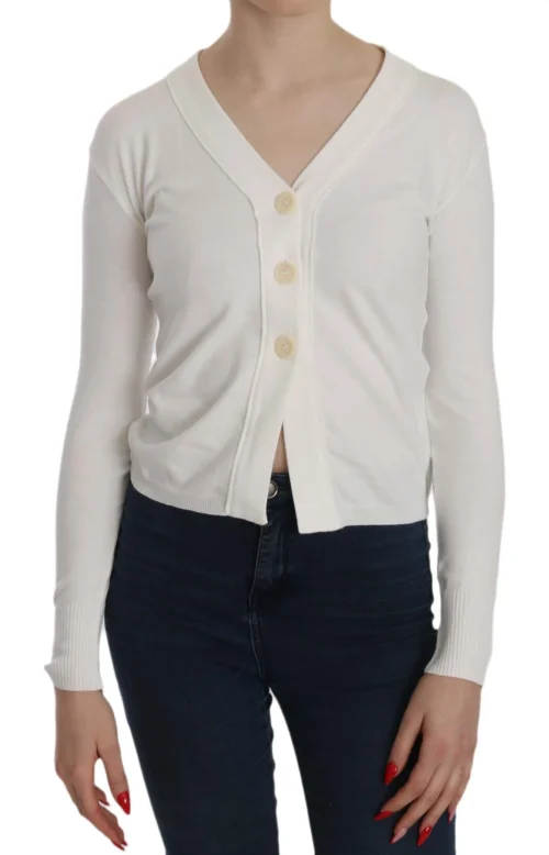BYBLOS Women's Elegant White V-Neck Cropped Cardigan Blouse