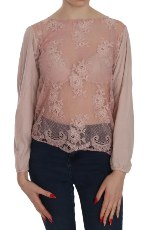 PINK MEMORIES Women's Elegant Pink Lace Boat Neck Blouse
