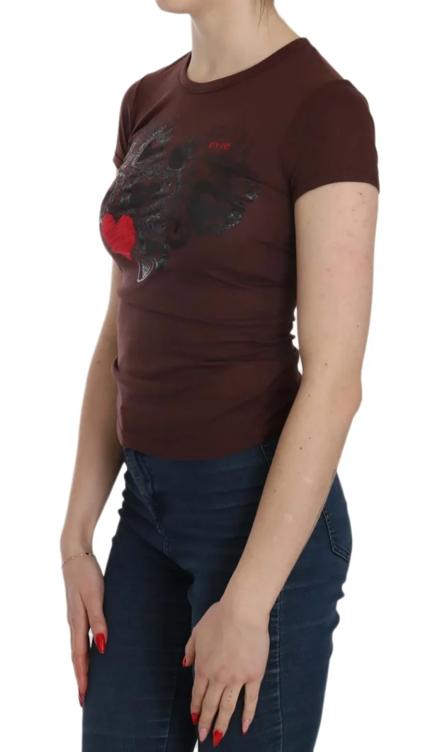 Exte Women's Chic Brown Hearts Print Crew Neck Blouse