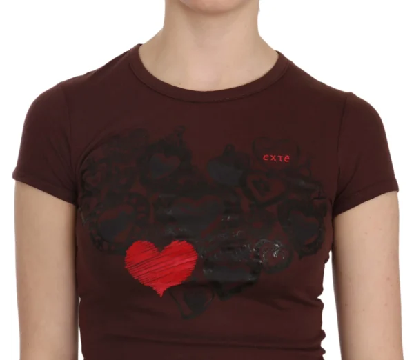 Exte Women's Chic Brown Hearts Print Crew Neck Blouse