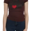 Exte Women's Chic Brown Hearts Print Crew Neck Blouse