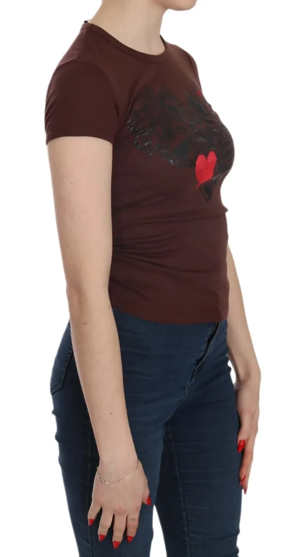 Exte Women's Chic Brown Hearts Print Crew Neck Blouse
