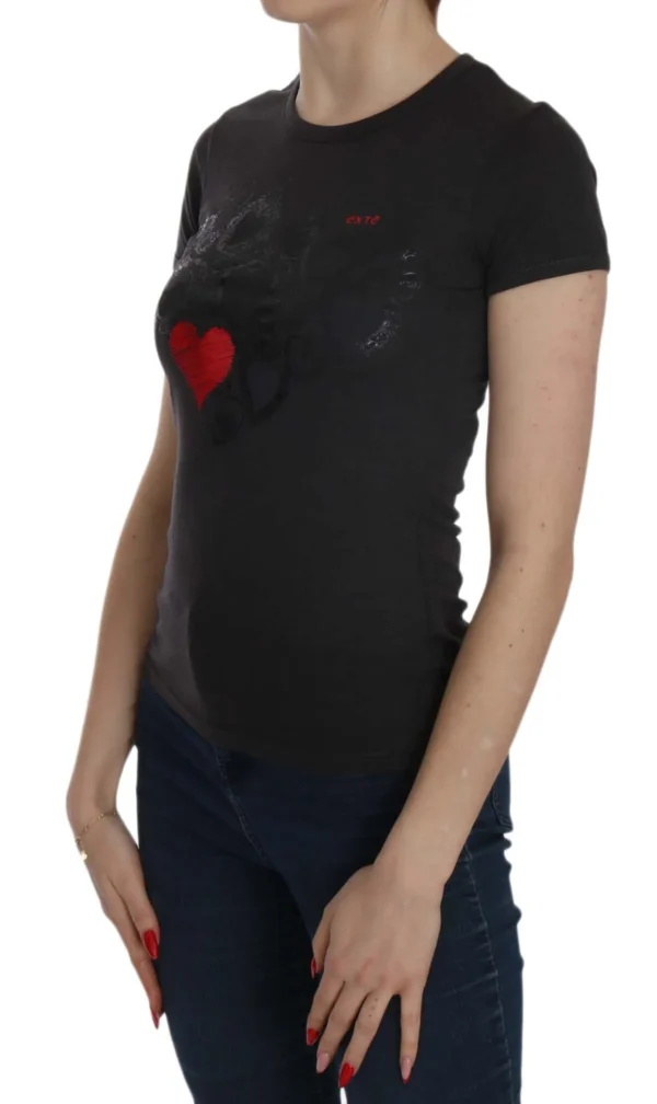 Exte Women's Black Hearts Print Crew Neck Blouse