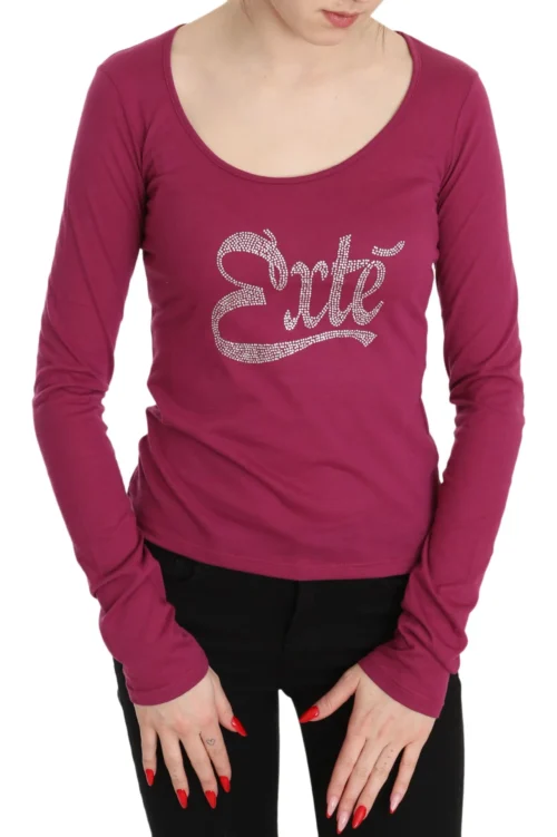 Exte Women's Elegant Pink Crystal Embellished Long Sleeve Top