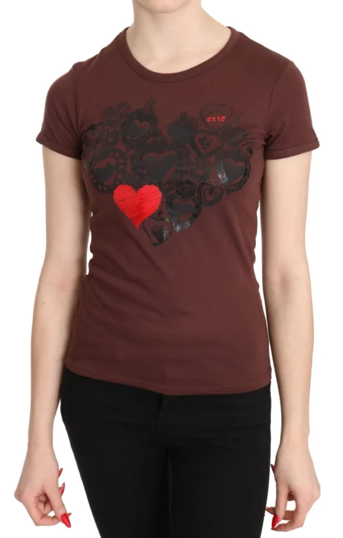 Exte Women's Chic Brown Hearts Printed Short Sleeve Top