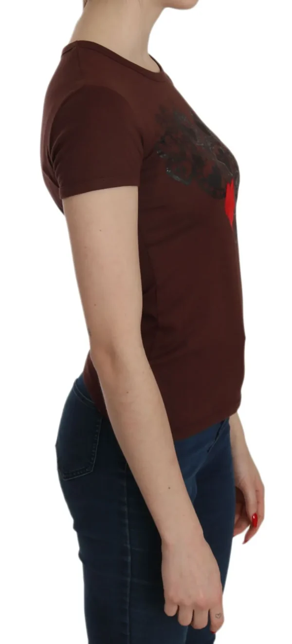 Exte Women's Chic Brown Heart Print Crew Neck Top