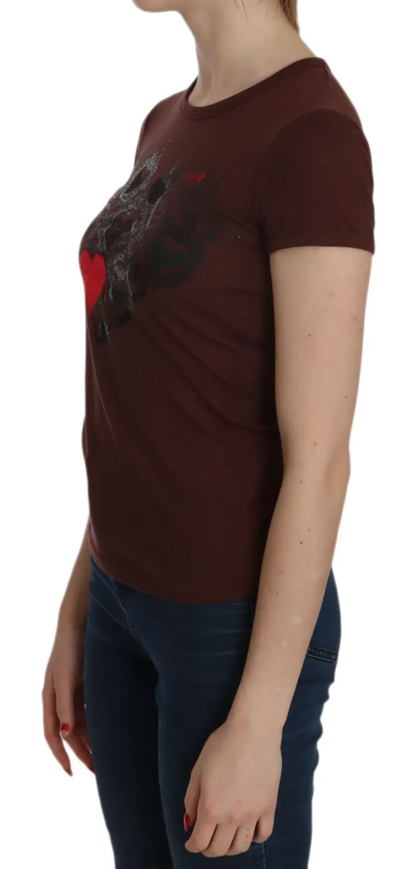 Exte Women's Chic Brown Heart Print Crew Neck Top