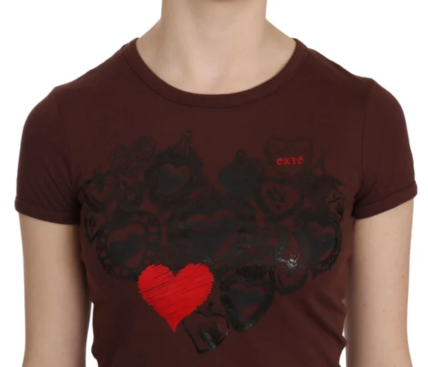 Exte Women's Chic Brown Heart Print Crew Neck Top