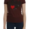 Exte Women's Chic Brown Heart Print Crew Neck Top