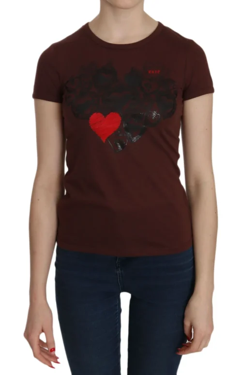 Exte Women's Chic Brown Heart Print Crew Neck Top