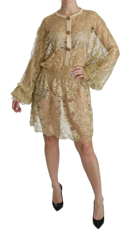 Dolce & Gabbana Women's Elegant Gold Lace A-Line Knee Length Dress