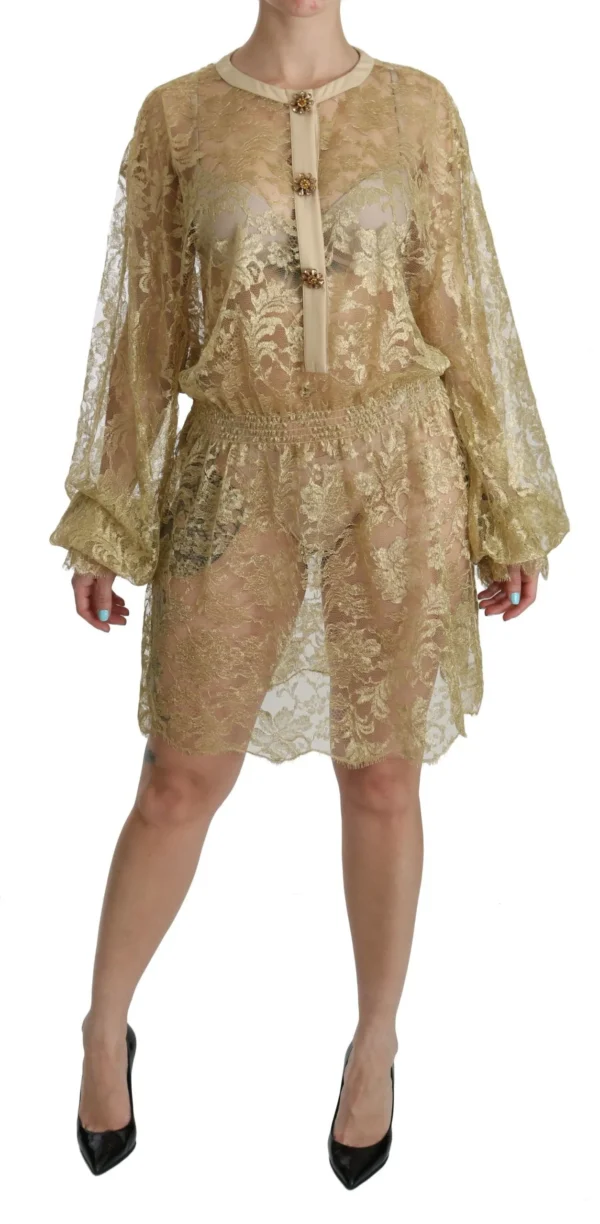 Dolce & Gabbana Women's Elegant Gold Lace A-Line Knee Length Dress