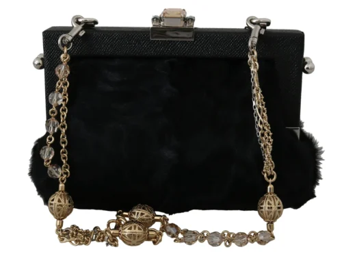 Dolce & Gabbana Women's Black Fur Gold Baroque Crystal Evening Clutch