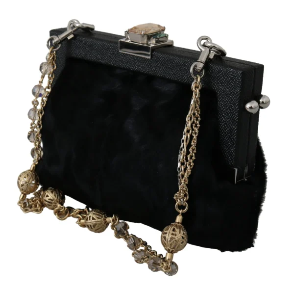 Dolce & Gabbana Women's Black Fur Gold Baroque Crystal Evening Clutch