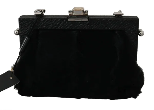 Dolce & Gabbana Women's Black Fur Gold Baroque Crystal Evening Clutch