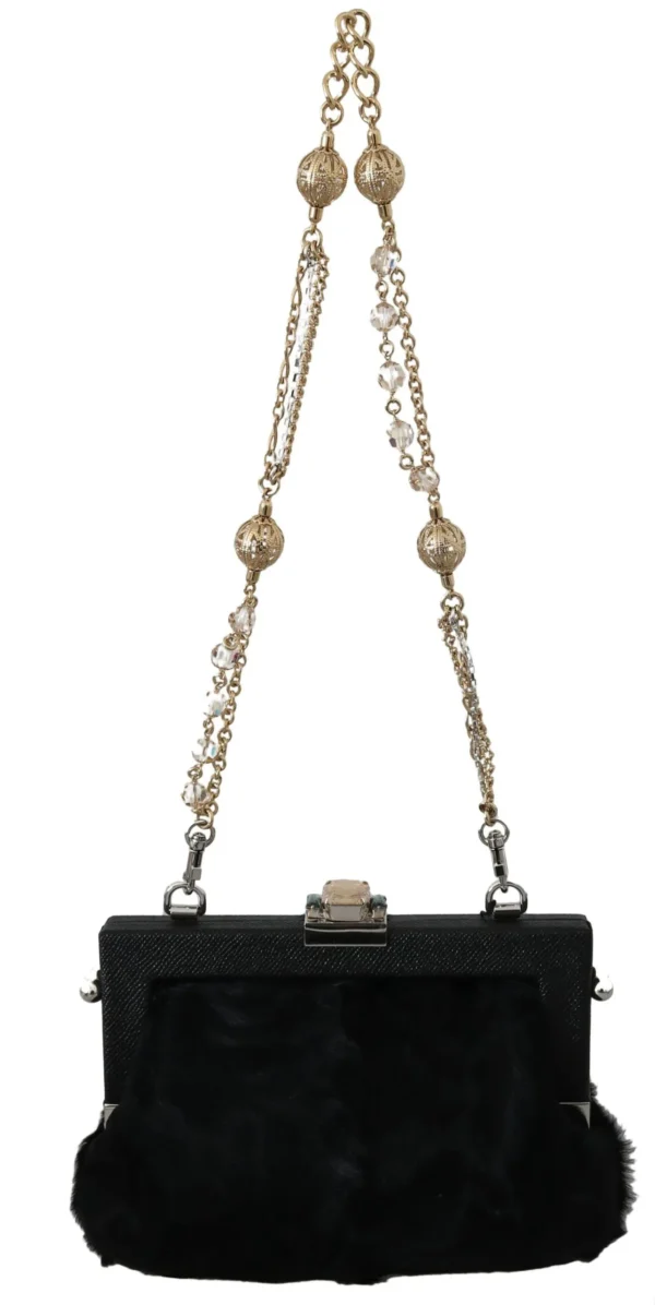 Dolce & Gabbana Women's Black Fur Gold Baroque Crystal Evening Clutch