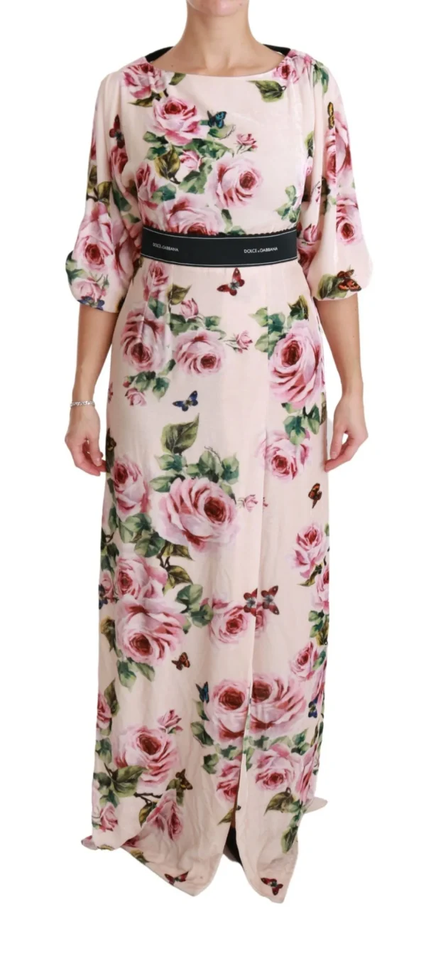 Dolce & Gabbana Women's Elegant Pink Velvet Rose Print Maxi Dress