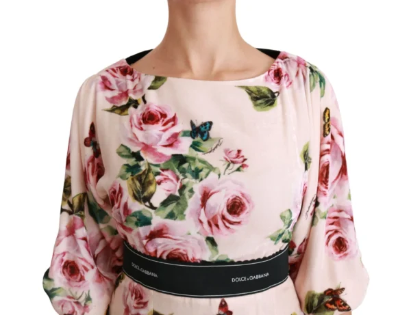Dolce & Gabbana Women's Elegant Pink Velvet Rose Print Maxi Dress
