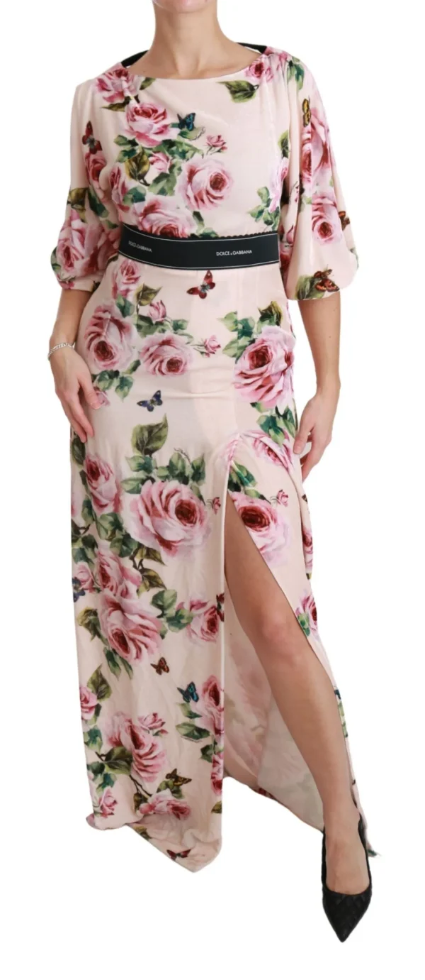 Dolce & Gabbana Women's Elegant Pink Velvet Rose Print Maxi Dress