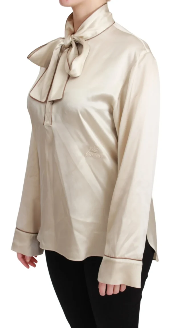 Dolce & Gabbana Women's Elegant Beige Silk Satin Blouse with QUEEN Embroidery