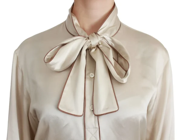 Dolce & Gabbana Women's Elegant Beige Silk Satin Blouse with QUEEN Embroidery