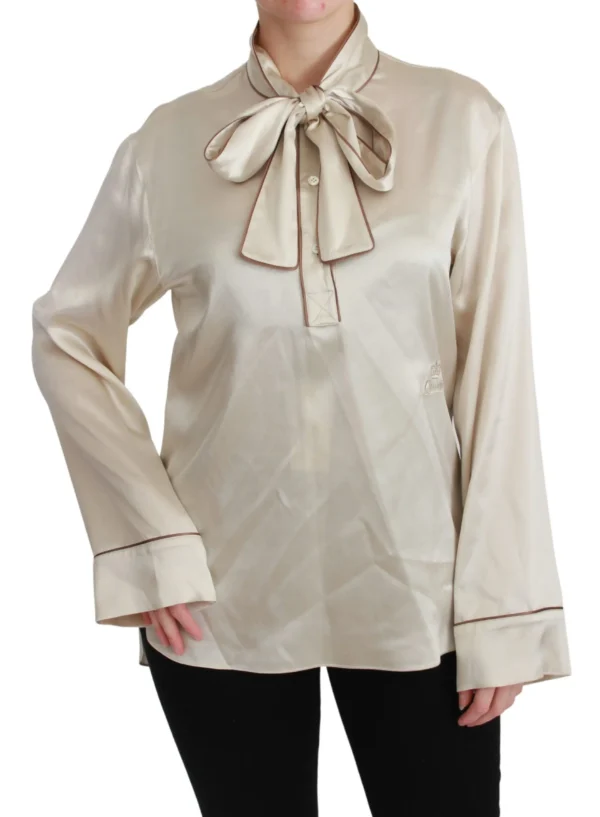 Dolce & Gabbana Women's Elegant Beige Silk Satin Blouse with QUEEN Embroidery
