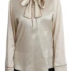 Dolce & Gabbana Women's Elegant Beige Silk Satin Blouse with QUEEN Embroidery
