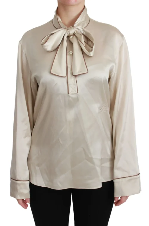 Dolce & Gabbana Women's Elegant Beige Silk Satin Blouse with QUEEN Embroidery