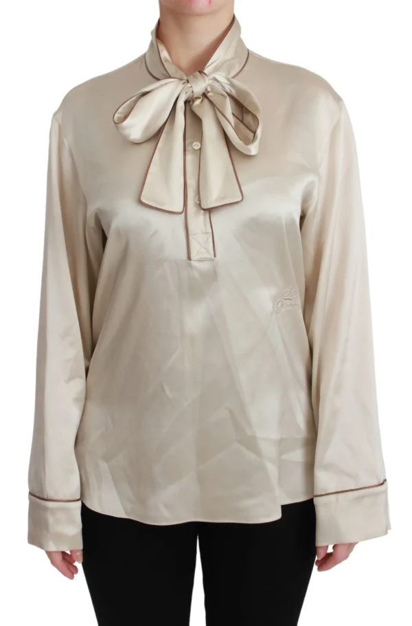 Dolce & Gabbana Women's Elegant Beige Silk Satin Blouse with QUEEN Embroidery