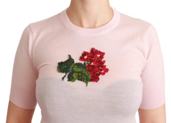 Dolce & Gabbana Women's Cashmere Floral Embroidered Short Sleeve Top