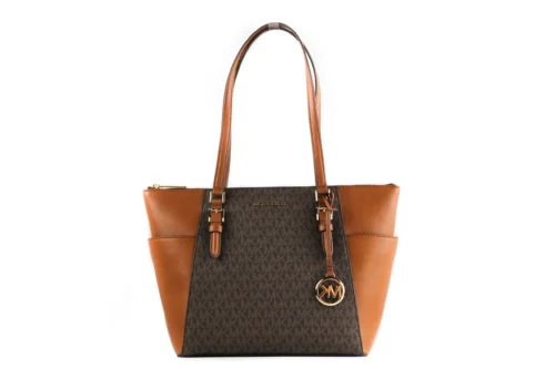 Michael Kors Women's Charlotte Signature Leather Large Top Zip Tote Handbag Bag (Brown)