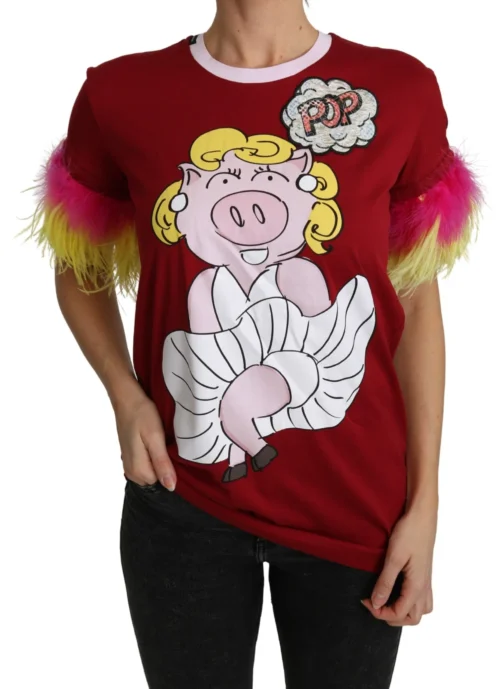 Dolce & Gabbana Women's Chic Red Pig Print Crew Neck T-Shirt