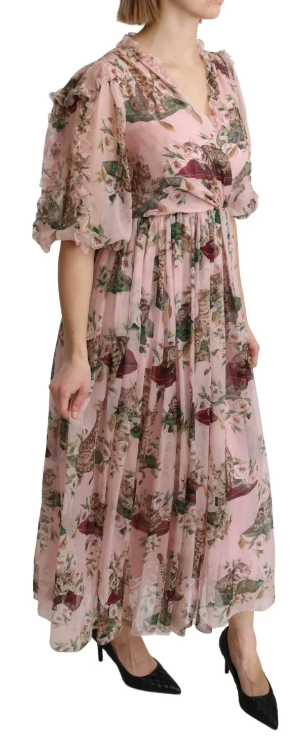 Dolce & Gabbana Women's Elegant Pink Bengal Cat Print A-Line Maxi Dress