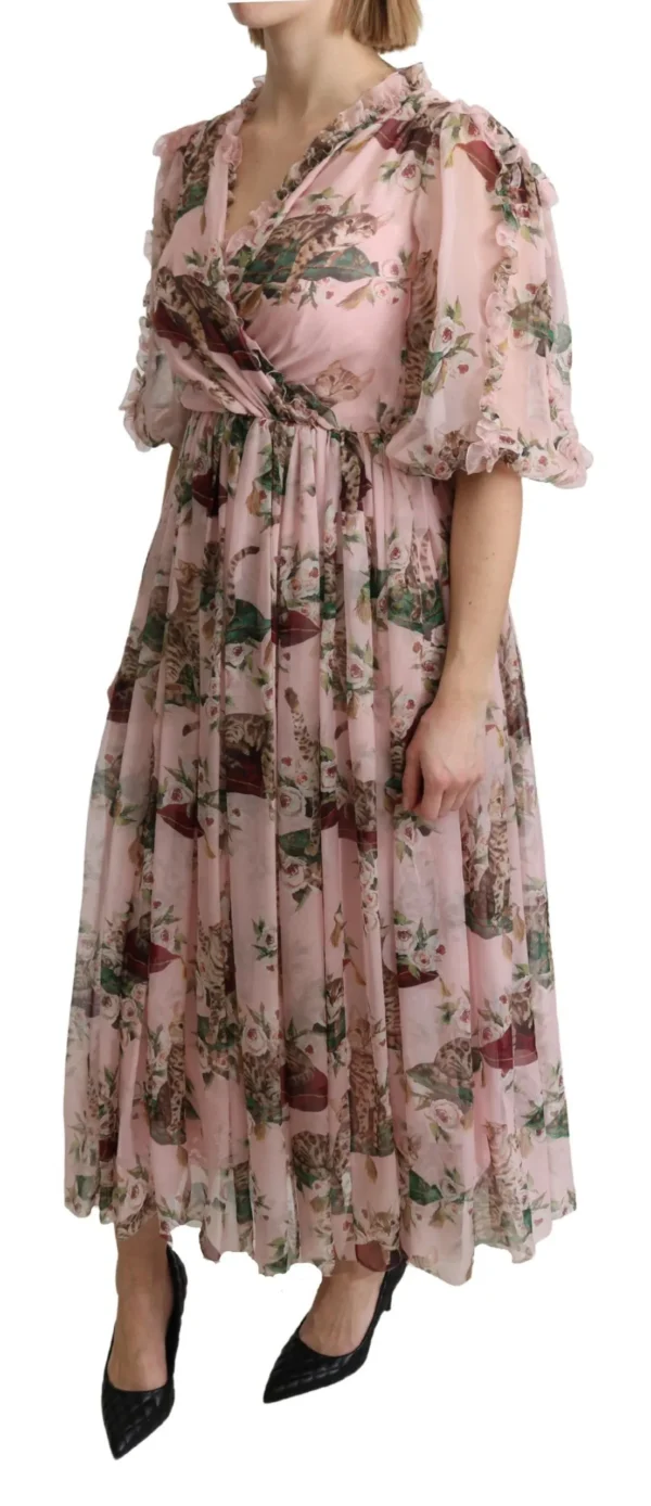 Dolce & Gabbana Women's Elegant Pink Bengal Cat Print A-Line Maxi Dress