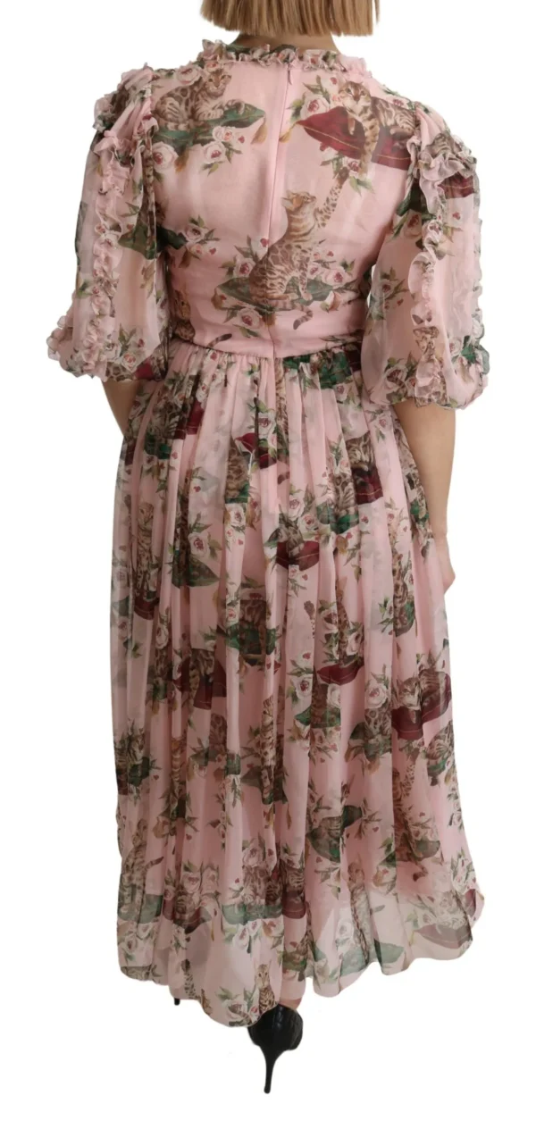Dolce & Gabbana Women's Elegant Pink Bengal Cat Print A-Line Maxi Dress