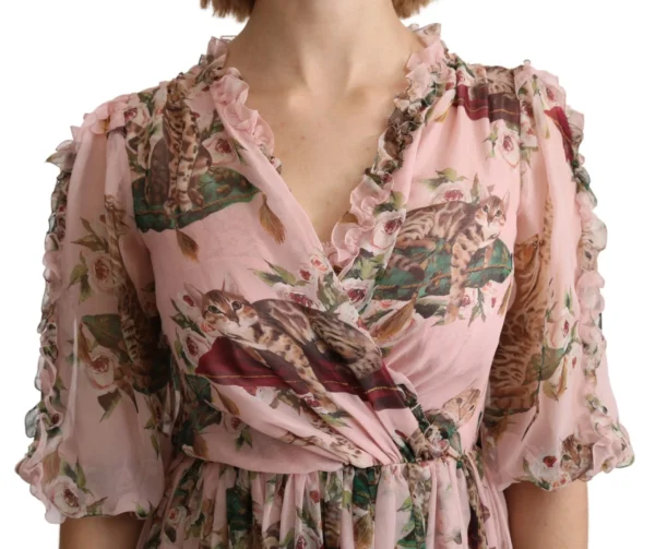 Dolce & Gabbana Women's Elegant Pink Bengal Cat Print A-Line Maxi Dress