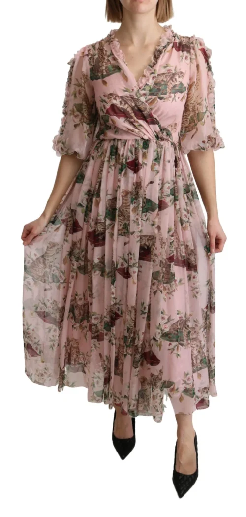 Dolce & Gabbana Women's Elegant Pink Bengal Cat Print A-Line Maxi Dress