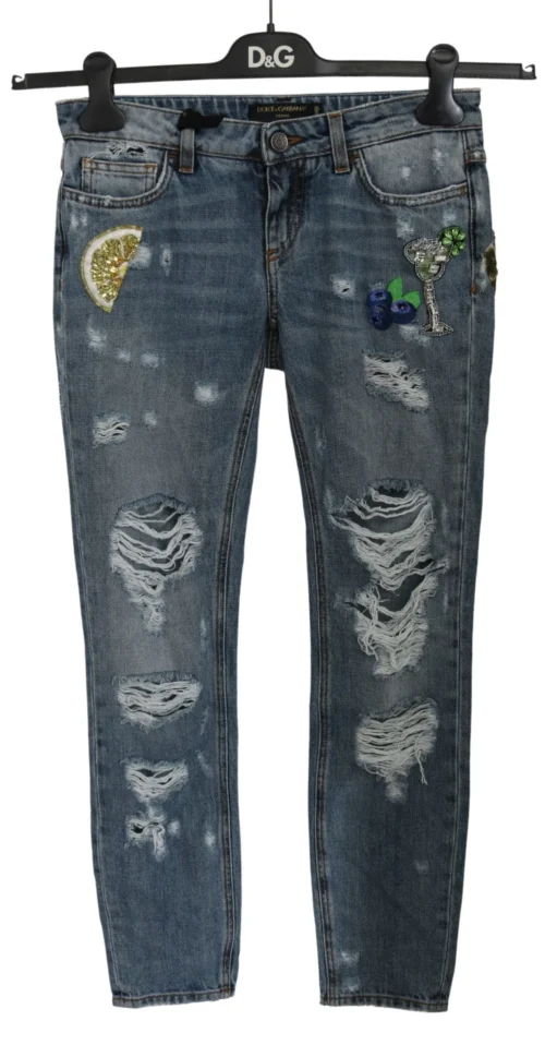 Dolce & Gabbana Women's Chic Blue Ripped Embellished Skinny Jeans