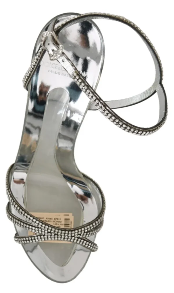 Dolce & Gabbana Women's Silver Leather Ankle Strap Sandals with Crystals
