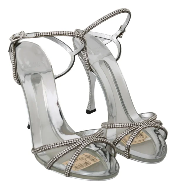 Dolce & Gabbana Women's Silver Leather Ankle Strap Sandals with Crystals