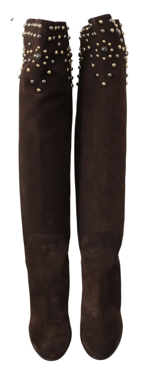 Dolce & Gabbana Women's Studded Suede Knee High Boots in Brown