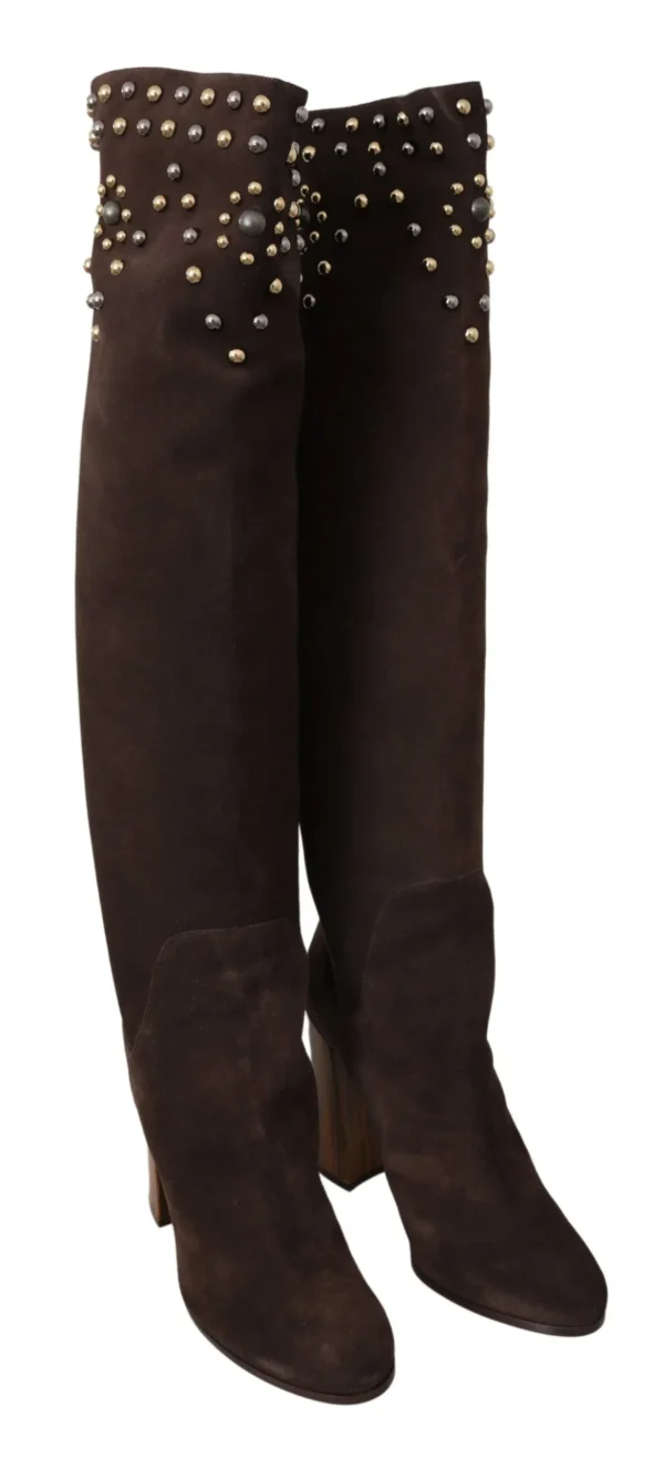 Dolce & Gabbana Women's Studded Suede Knee High Boots in Brown