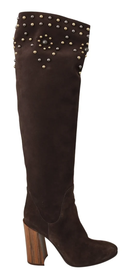 Dolce & Gabbana Women's Studded Suede Knee High Boots in Brown