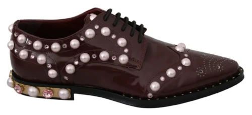 Dolce & Gabbana Women's Elegant Bordeaux Lace-Up Flats with Pearls and Crystals