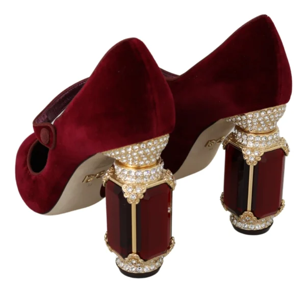 Dolce & Gabbana Women's Red Velvet Crystal-Embellished Mary Janes Heels