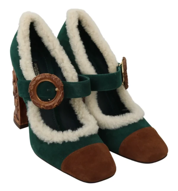 Dolce & Gabbana Women's Chic Green Suede Mary Janes with Shearling Trim